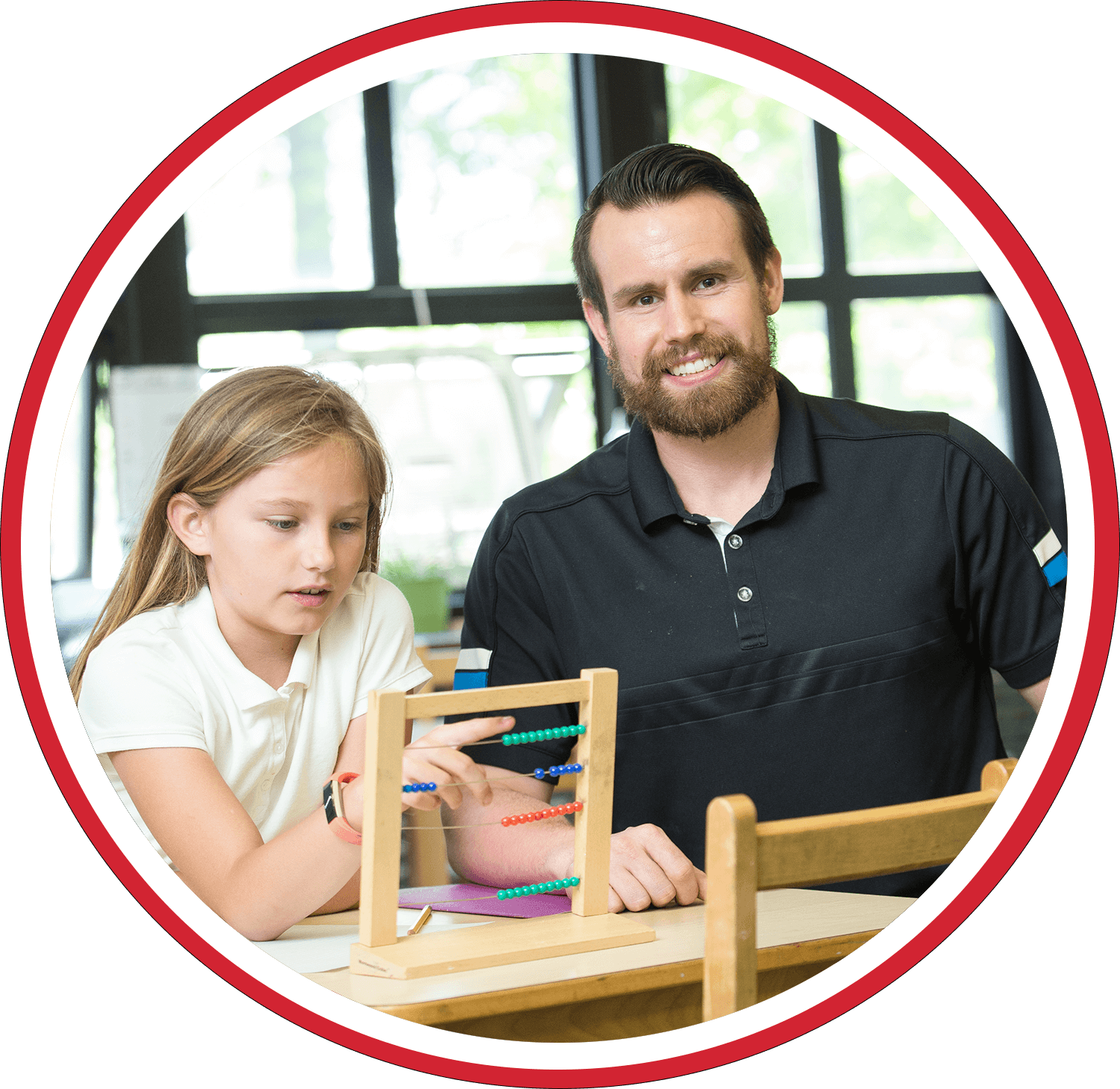 Decorative image of teacher smiling with student working with Montessori materials